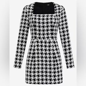 NWT Express Houndstooth Square Neck Long Sleeve Mini Dress with Pockets - XS